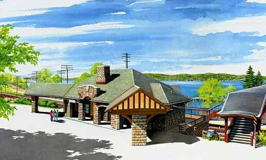 Painting of Philipse Manor Station next to river